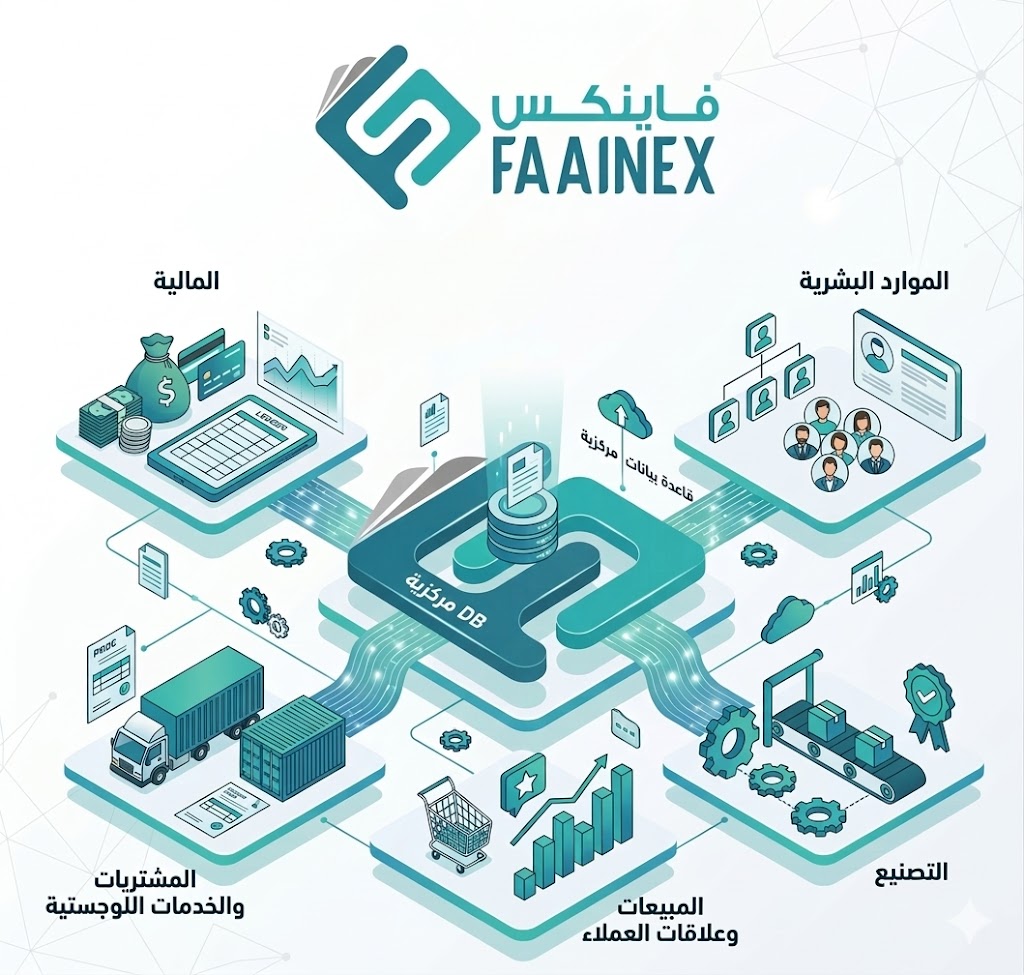 خطط فيكتور يوضح تكامل أقسام نظام ERP للتحول الرقمي من FAAINEX.