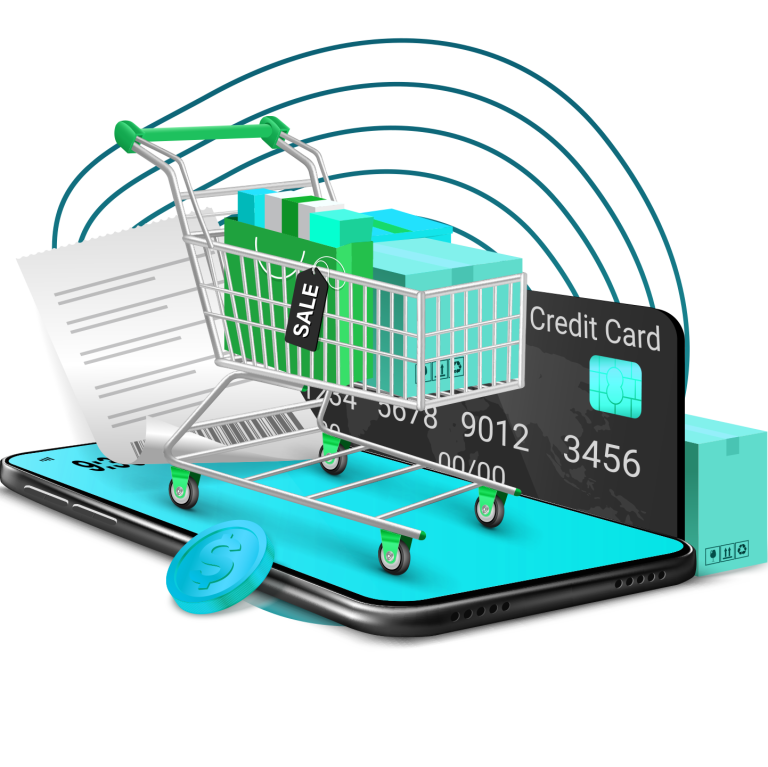 تصوير ثلاثي الأبعاد احترافي لمنصة تجارة إلكترونية سحابية: هاتف ذكي يعلوه عربة تسوق ممتلئة بمنتجات تقنية خضراء، بطاقة ائتمان، وعملة معدنية رقمية، مع خطوط ترابطية خضراء ترمز للأتمتة والمزامنة.